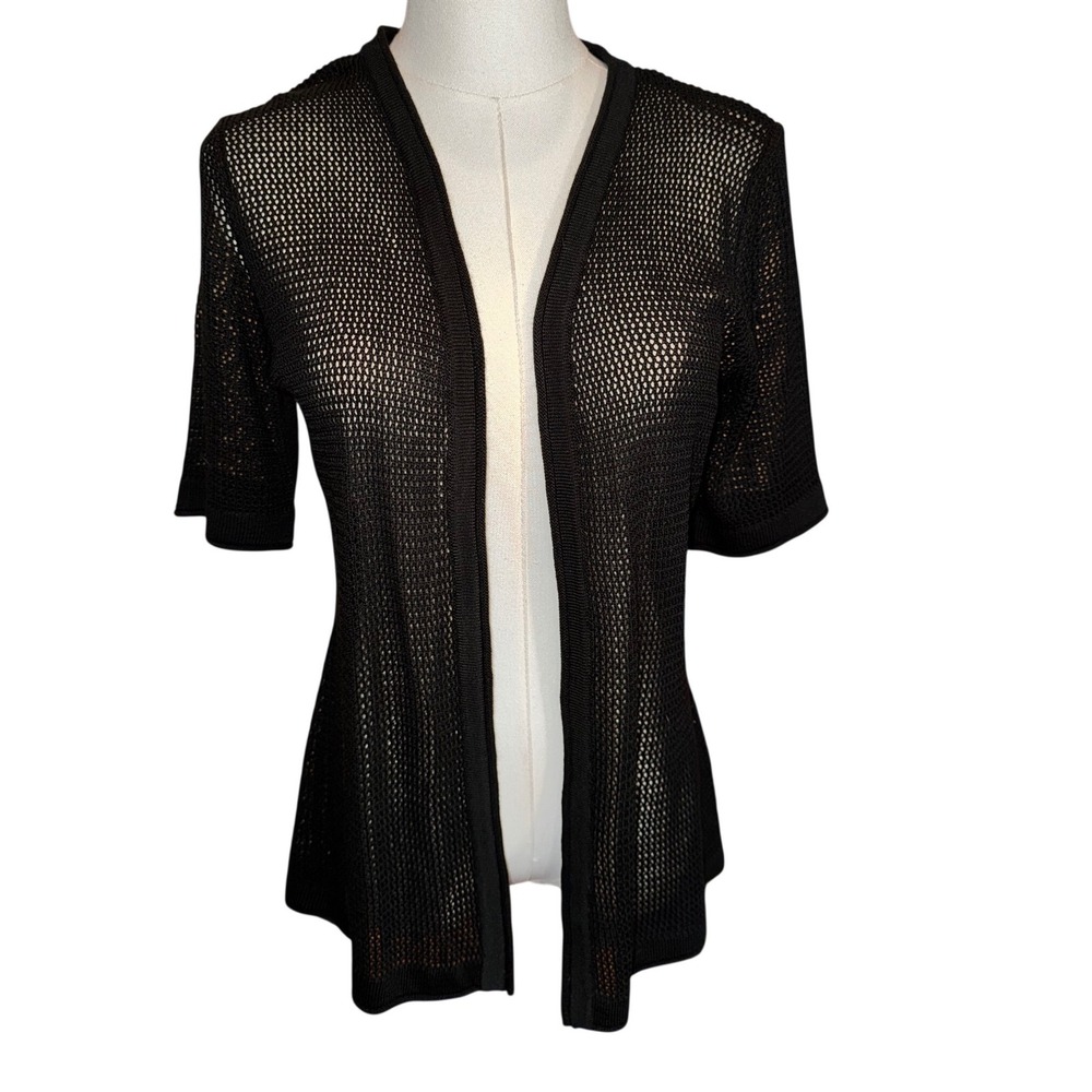 Joseph A Womens Black Mesh Knit Open Front Cardigan Short Sleeve Medium